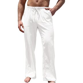 WOWULOVELY Mens Casual Cotton Linen Pants Loose Lightweight Elastic Waist Trouser Yoga Beach Pant Pockets