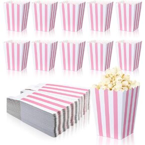 Geyoga 48 Pcs Pink Popcorn Boxes Small Pink Popcorn Bags Striped Paper Popcorn Bags Pastel Popcorn Boxes Pink and White Candy Containers for Birthday Party Favor Supplies