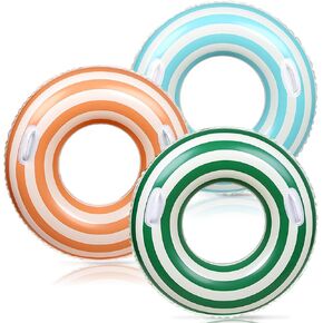 Whaline 3Pcs Pool Tube with Handles Retro Orange Green Blue Striped Swim Pool Rings Inflatable Float Loungers Tube for Summer Swimming Pool Beach Bachelorette Party, 30 x 14 Inch