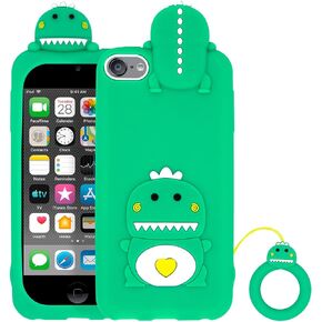 Megantree Cute iPod Touch 7 Case, Little Dinosaur iPod Touch 6 Case, iPod Touch 5 Case, Animals Funny 3D Cartoon Soft Silicone Shockproof Back Cover with Keychain for Girls Boys Women Children