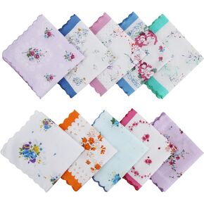 hoeslaw 10 Pieces 100% Cotton 11.8" Handkerchiefs for Women with Wavy Edge, Ladies Tea Party Hair Bandanas with Vintage Floral Print, Sophisticated and Elegant Handkerchiefs for Gifting and Weddings