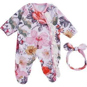 BABESIDE 2 Pcs Reborn Baby Doll Clothes with Doll Headband for 17-22 Inch Baby Dolls, Floral Patterns Baby Doll Accessories for Realistic Baby Dolls Girls, Pink