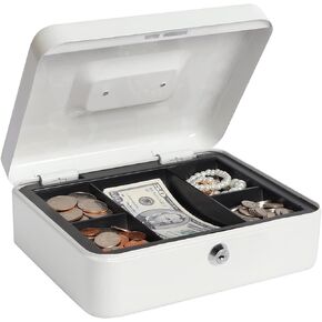 Cash Box with Money Tray and Lock, Lovndi Metal Money Box for Cash, Lockbox 9.84 x 7.87 x 3.54 Inches, Pink
