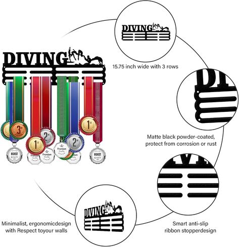 ORIGACH Diving Medal Holder Hanger Display Rack, Black Sturdy Medal Metal Wall Mount Holder for Awards or Ribbons, 16 Inch in Saudi Arabia
