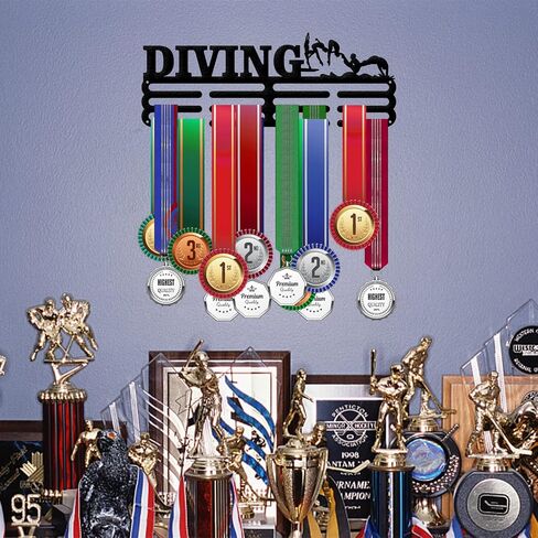 ORIGACH Diving Medal Holder Hanger Display Rack, Black Sturdy Medal Metal Wall Mount Holder for Awards or Ribbons, 16 Inch in Saudi Arabia