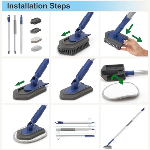 حوض غسيل البلاط قابل للتمديد بمقبض طويل 58 بوصة، فرشاة تنظيف الدش بشعيرات قاسية، وسادة من الألياف الدقيقة، وسادتان للتنظيف للحمام وبلاط الحائط وحوض الاستحمام in Kuwait