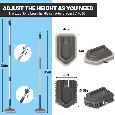 حوض غسيل البلاط قابل للتمديد بمقبض طويل 58 بوصة، فرشاة تنظيف الدش بشعيرات قاسية، وسادة من الألياف الدقيقة، وسادتان للتنظيف للحمام وبلاط الحائط وحوض الاستحمام in Kuwait