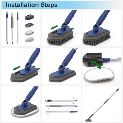 حوض غسيل البلاط قابل للتمديد بمقبض طويل 58 بوصة، فرشاة تنظيف الدش بشعيرات قاسية، وسادة من الألياف الدقيقة، وسادتان للتنظيف للحمام وبلاط الحائط وحوض الاستحمام in Kuwait