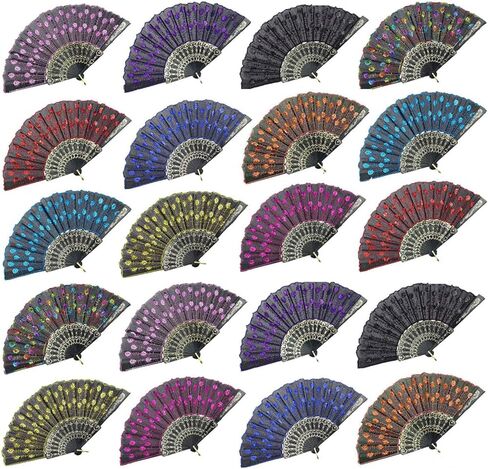 INNOLIFE Elegant Colorful Embroidered Flower Peacock Pattern Sequin Fabric Folding Handheld Hand Fan Hand-crafted (Full Set - 20pcs Mixed Colors) and 16 carrying pouches in Saudi Arabia