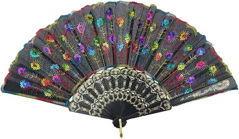 INNOLIFE Elegant Colorful Embroidered Flower Peacock Pattern Sequin Fabric Folding Handheld Hand Fan Hand-crafted (Full Set - 20pcs Mixed Colors) and 16 carrying pouches in Saudi Arabia