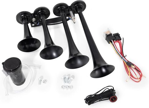 FARBIN Air Horn 4 Trumpet 12V Train Horn للشاحنة 150 ديسيبل شاحنة القرن مجموعة أدوات قرن السيارة مع ضاغط لالتقاط القطارات والشاحنات وسيارات الجيب وسيارات الدفع الرباعي والقوارب باللون الأسود in Saudi Arabia