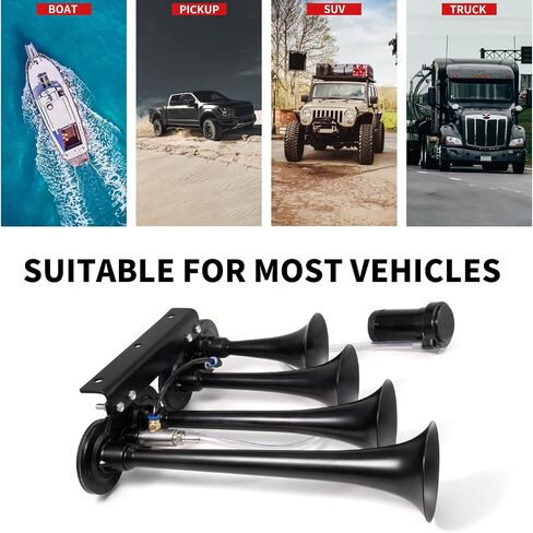 FARBIN Air Horn 4 Trumpet 12V Train Horn للشاحنة 150 ديسيبل شاحنة القرن مجموعة أدوات قرن السيارة مع ضاغط لالتقاط القطارات والشاحنات وسيارات الجيب وسيارات الدفع الرباعي والقوارب باللون الأسود in Saudi Arabia