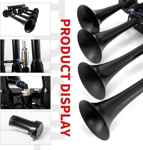 FARBIN Air Horn 4 Trumpet 12V Train Horn للشاحنة 150 ديسيبل شاحنة القرن مجموعة أدوات قرن السيارة مع ضاغط لالتقاط القطارات والشاحنات وسيارات الجيب وسيارات الدفع الرباعي والقوارب باللون الأسود in Saudi Arabia