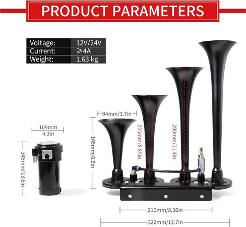 FARBIN Air Horn 4 Trumpet 12V Train Horn للشاحنة 150 ديسيبل شاحنة القرن مجموعة أدوات قرن السيارة مع ضاغط لالتقاط القطارات والشاحنات وسيارات الجيب وسيارات الدفع الرباعي والقوارب باللون الأسود in Saudi Arabia
