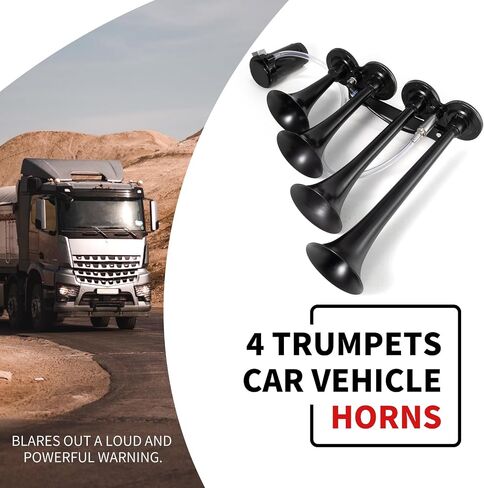 FARBIN Air Horn 4 Trumpet 12V Train Horn للشاحنة 150 ديسيبل شاحنة القرن مجموعة أدوات قرن السيارة مع ضاغط لالتقاط القطارات والشاحنات وسيارات الجيب وسيارات الدفع الرباعي والقوارب باللون الأسود in Saudi Arabia