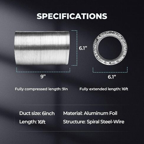 iPower 6 بوصة 16 قدم غير معزول فليكس الهواء الألومنيوم مجفف تنفيس خرطوم للتهوية HVAC، 2 حزمة، وشملت 4 المشابك in Kuwait