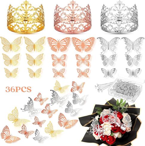 XunYee 139 Pcs Flower Bouquet Accessories Crowns for Flower Bouquets Including 3 Pcs Crown Cake Topper 36 Pcs 3D Butterflies 100 Pcs Corsage Pins for Graduation Mother's Day Wedding Birthday DIY Craft in Saudi Arabia