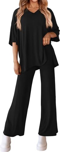 MASCOMODA Womens Summer 2 Piece Outfits Short Sleeve V Neck Tops Wide Leg Long Pants Casual Tracksuit Lounge Set in Saudi Arabia