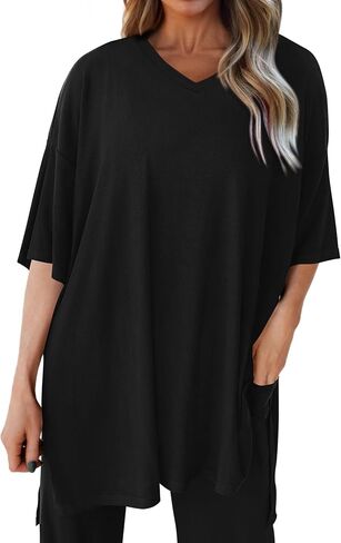 MASCOMODA Womens Summer 2 Piece Outfits Short Sleeve V Neck Tops Wide Leg Long Pants Casual Tracksuit Lounge Set in Saudi Arabia