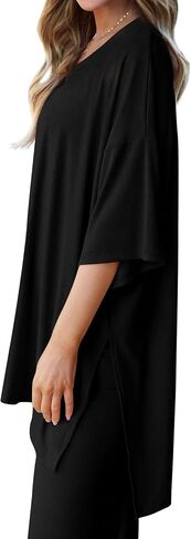 MASCOMODA Womens Summer 2 Piece Outfits Short Sleeve V Neck Tops Wide Leg Long Pants Casual Tracksuit Lounge Set in Saudi Arabia