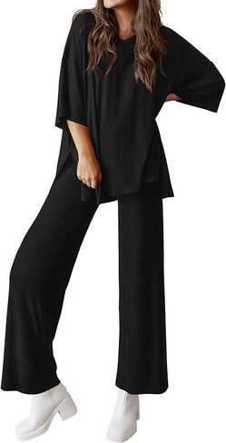 MASCOMODA Womens Summer 2 Piece Outfits Short Sleeve V Neck Tops Wide Leg Long Pants Casual Tracksuit Lounge Set in Saudi Arabia