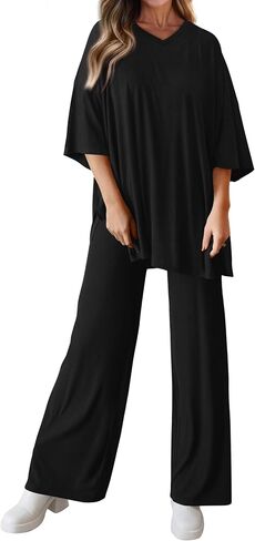 MASCOMODA Womens Summer 2 Piece Outfits Short Sleeve V Neck Tops Wide Leg Long Pants Casual Tracksuit Lounge Set in Saudi Arabia