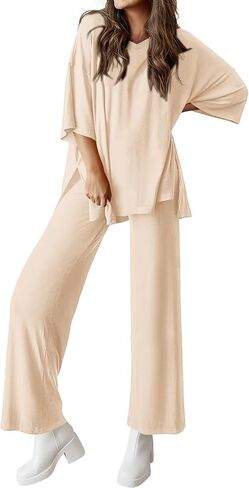 ملابس نسائية صيفية من قطعتين من MASCOMODA بأكمام قصيرة ورقبة على شكل حرف V وسراويل طويلة وساق واسعة طقم صالة رياضية غير رسمية in Kuwait