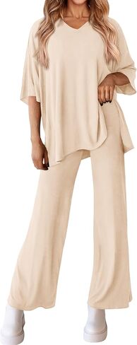 ملابس نسائية صيفية من قطعتين من MASCOMODA بأكمام قصيرة ورقبة على شكل حرف V وسراويل طويلة وساق واسعة طقم صالة رياضية غير رسمية in Kuwait