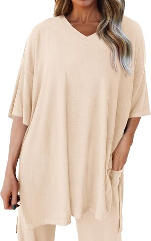 ملابس نسائية صيفية من قطعتين من MASCOMODA بأكمام قصيرة ورقبة على شكل حرف V وسراويل طويلة وساق واسعة طقم صالة رياضية غير رسمية in Kuwait