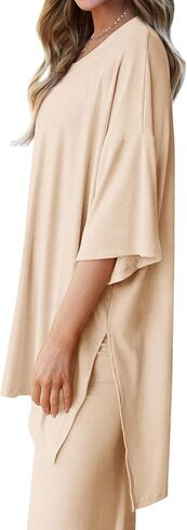 ملابس نسائية صيفية من قطعتين من MASCOMODA بأكمام قصيرة ورقبة على شكل حرف V وسراويل طويلة وساق واسعة طقم صالة رياضية غير رسمية in Kuwait