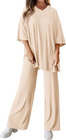 ملابس نسائية صيفية من قطعتين من MASCOMODA بأكمام قصيرة ورقبة على شكل حرف V وسراويل طويلة وساق واسعة طقم صالة رياضية غير رسمية in Kuwait