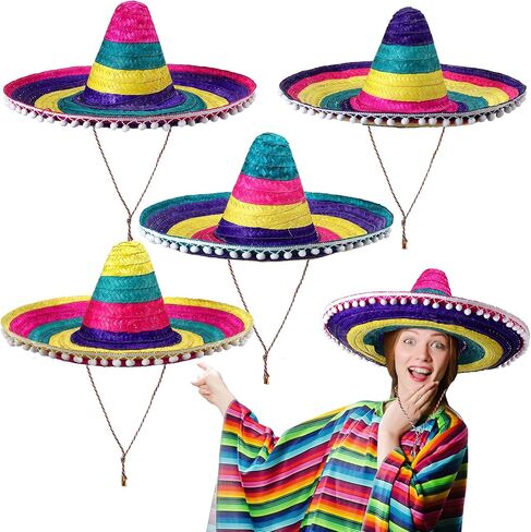 Croloose 4 Pcs Mexican Sombrero Hat Adults Colored Sombrero Hats Cinco De Mayo Fiesta Straw Hats with Chinstrap Handmade Costume Hats for Men Women Holiday Decorations, 21 x 7.6, 4 Styles in Saudi Arabia