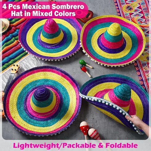 Croloose 4 Pcs Mexican Sombrero Hat Adults Colored Sombrero Hats Cinco De Mayo Fiesta Straw Hats with Chinstrap Handmade Costume Hats for Men Women Holiday Decorations, 21 x 7.6, 4 Styles in Saudi Arabia