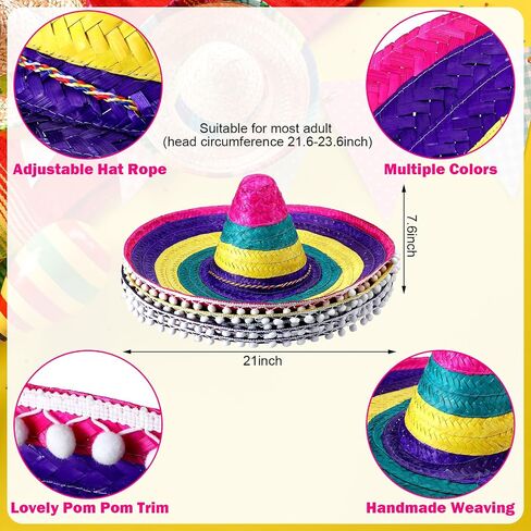 Croloose 4 Pcs Mexican Sombrero Hat Adults Colored Sombrero Hats Cinco De Mayo Fiesta Straw Hats with Chinstrap Handmade Costume Hats for Men Women Holiday Decorations, 21 x 7.6, 4 Styles in Saudi Arabia