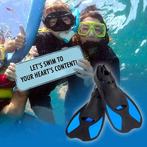 زعانف الغطس قصيرة زعانف السباحة العائمة للتدريب على المقاس الأمريكي XL عرض الكاحل 3.3 بوصة مع زعانف سفر من المطاط اللدن بالحرارة للسباحة والغوص والغطس والرياضات المائية، أزرق in Kuwait