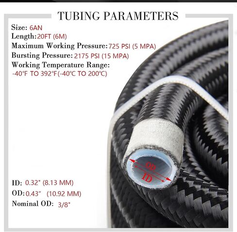 YIUIY 3/8 خرطوم خط الوقود 6AN 10FT PTFE Teflon E85 خط حقن الوقود الإيثانول مضفر من الفولاذ المقاوم للصدأ EFI LS لجميع أنواع وقود الغاز والنفط والكحول والإيثانول المبرد الأسود in Kuwait