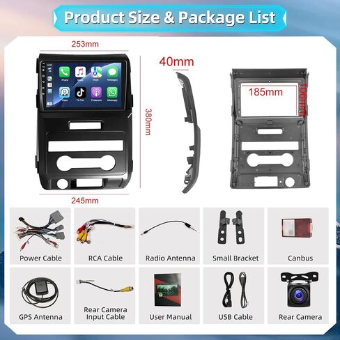 راديو ستيريو للسيارة Podofo لسيارة Ford F-150 F150 2008-2014 مع Apple CarPlay اللاسلكي وAndroid Auto شاشة لمس 9 بوصة صوت بلوتوث مع نظام تحديد المواقع العالمي (GPS) ومرآة وصلة WiFi RDS Hi-Fi HD كاميرا احتياطية in Saudi Arabia