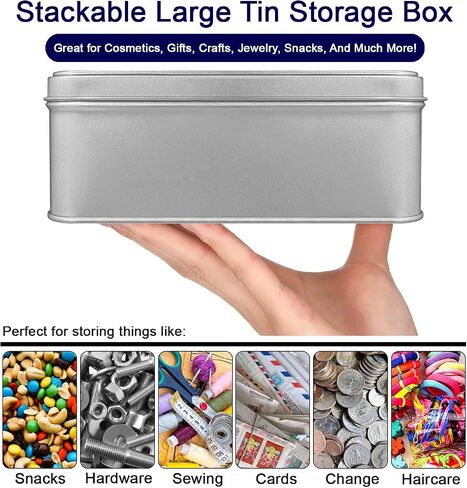 Silver Metal Tin Box with Secure Lid – Large Multipurpose Tin Can Storage Container for Jewelry, Crafts, Cookies, Pills, Gifts, Pencils and More - For Home and Office - 7.8 x 6 x2.8 inches in Saudi Arabia