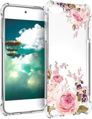 حافظة iPod Touch 5 6 7، حافظة iPod Touch الجيل الخامس والسادس والسابع للفتيات، حافظة هاتف Ueokeird شفافة بنمط زهور ناعمة ومرنة من مادة TPU لهاتف Apple iPod Touch 5 6 7 (زهرة وردية) in Saudi Arabia