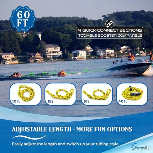 حبل سحب لأنابيب الرياضات المائية من WavesRx للقوارب والتزلج على الماء - طول قابل للتعديل (4 أقسام) وحبال للقوارب والتزلج على الماء لسحب أنابيب المياه والقطرات | حبل سحب لأنابيب المياه المتوافقة مع كرة معززة in Kuwait