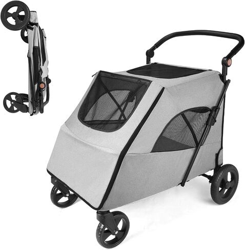 Rultyn Dog Stroller for Medium Large Dogs - Upto 120 lbs Pet Jogger Wagon, Travel Folding Carrier with Adjustable Handle, Sunroof, Rear Brake, Security Leash (Light Gray) in Saudi Arabia