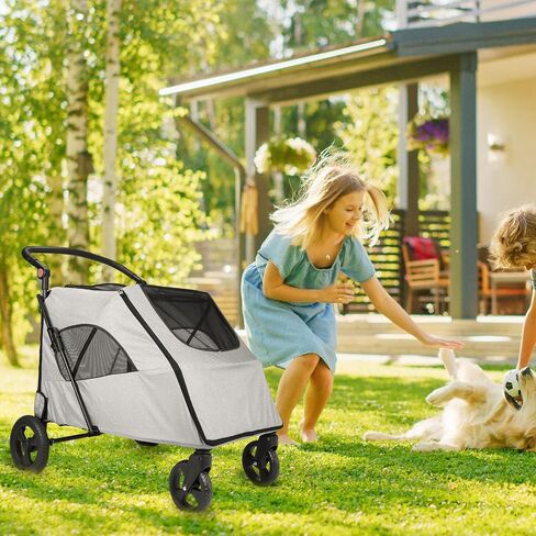 Rultyn Dog Stroller for Medium Large Dogs - Upto 120 lbs Pet Jogger Wagon, Travel Folding Carrier with Adjustable Handle, Sunroof, Rear Brake, Security Leash (Light Gray) in Saudi Arabia