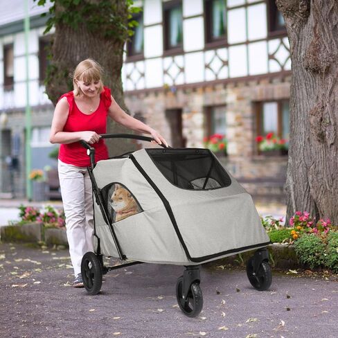 Rultyn Dog Stroller for Medium Large Dogs - Upto 120 lbs Pet Jogger Wagon, Travel Folding Carrier with Adjustable Handle, Sunroof, Rear Brake, Security Leash (Light Gray) in Saudi Arabia