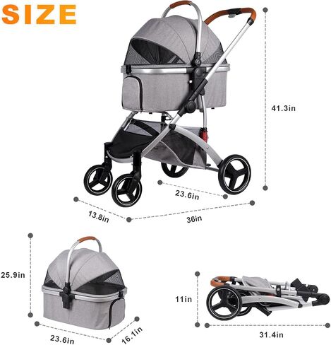 Rultyn Dog Stroller for Medium Large Dogs - Upto 120 lbs Pet Jogger Wagon, Travel Folding Carrier with Adjustable Handle, Sunroof, Rear Brake, Security Leash (Light Gray) in Saudi Arabia