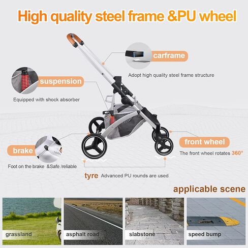Rultyn Dog Stroller for Medium Large Dogs - Upto 120 lbs Pet Jogger Wagon, Travel Folding Carrier with Adjustable Handle, Sunroof, Rear Brake, Security Leash (Light Gray) in Saudi Arabia