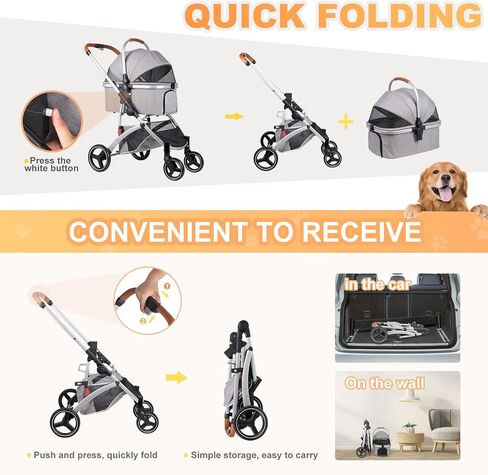 Rultyn Dog Stroller for Medium Large Dogs - Upto 120 lbs Pet Jogger Wagon, Travel Folding Carrier with Adjustable Handle, Sunroof, Rear Brake, Security Leash (Light Gray) in Saudi Arabia