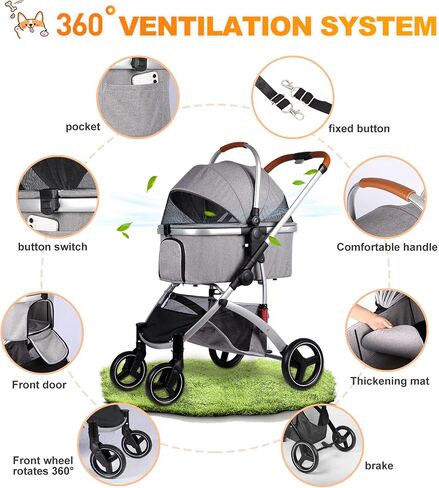 Rultyn Dog Stroller for Medium Large Dogs - Upto 120 lbs Pet Jogger Wagon, Travel Folding Carrier with Adjustable Handle, Sunroof, Rear Brake, Security Leash (Light Gray) in Saudi Arabia