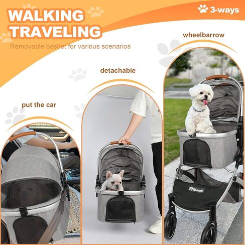 Rultyn Dog Stroller for Medium Large Dogs - Upto 120 lbs Pet Jogger Wagon, Travel Folding Carrier with Adjustable Handle, Sunroof, Rear Brake, Security Leash (Light Gray) in Saudi Arabia
