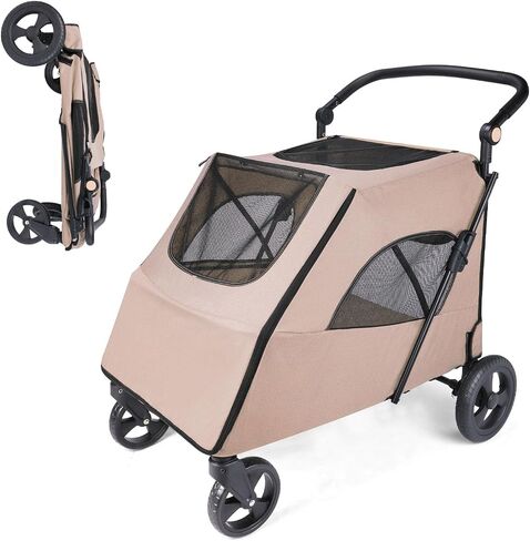 Rultyn Dog Stroller for Medium Large Dogs - Upto 120 lbs Pet Jogger Wagon, Travel Folding Carrier with Adjustable Handle, Sunroof, Rear Brake, Security Leash (Light Gray) in Saudi Arabia