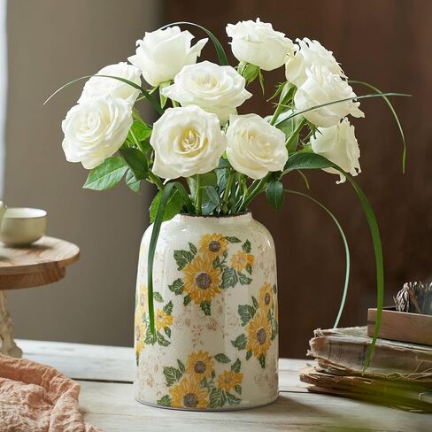 Green and White Vintage Ceramic Vase, 9.1 Inch Ice Glazed Crack Chinoiserie Rustic Floral vases, Green and Beige Large Pastoral Farmhouse Flower Vase for Tuscan Home Decor (D 6" X H 9.1") in Saudi Arabia